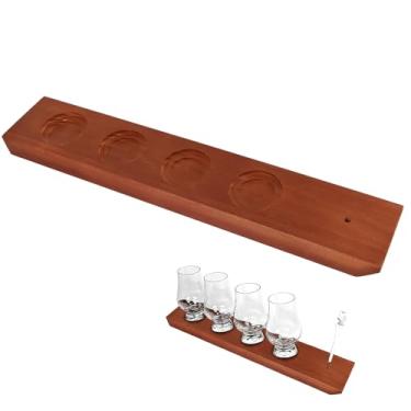 Imagem de SoeKoa Whiskey Flight Stave, Whiskey Flight Board pode conter 4 copos pequenos de uísque e um suporte de irrigação por gotejamento, placa de voo longo para Wee Glencairn, copos de bourbon de 70 ml