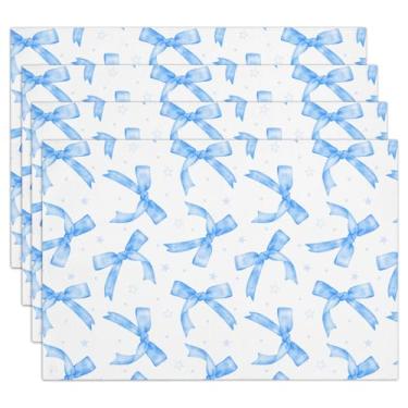 Imagem de Conjunto de 4 jogos americanos de linho de algodão Blue Bow, tapete de mesa para jantares em família, festas de casamento, restaurante, cozinha, decoração, impermeável, lavável, resistente ao calor