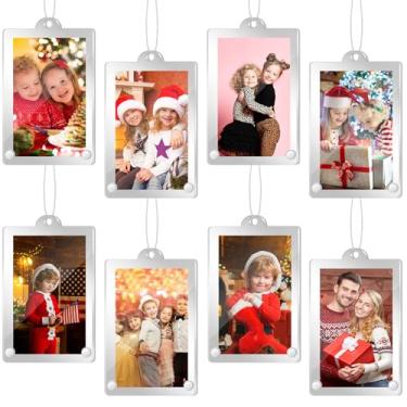 Imagem de Weysat 8 peças de enfeites de foto de acrílico de Natal para pendurar porta-retratos tamanho carteira molduras para decoração de árvore de Natal, rasgue a película de arranhão antes de usar (prata, 8