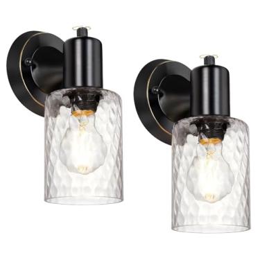 Imagem de Conjunto de 2 arandelas de parede - Luzes pretas foscas para banheiro modernas luminárias de parede com interruptor rotativo - Luz de montagem na parede com vidro martelado, lâmpada de parede de
