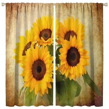 Imagem de Cortinas blackout de girassol, pano de cortina de janela de fundo vintage rústico farbic para sala de jantar, café, quarto, sala de estar, cozinha, escritório, decoração, 107 x 114 cm