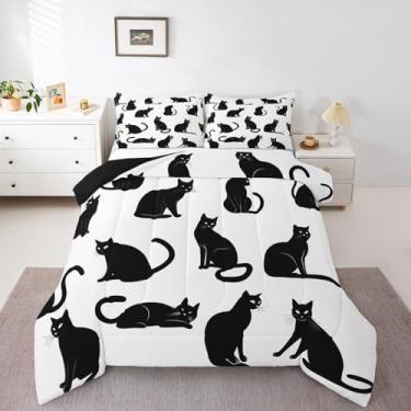 Imagem de Castle Fairy Conjunto de edredom de gato fofo, tamanho Queen, para decoração de quarto de crianças, meninos e meninas, enchimento de edredom de animais adoráveis, preto e branco com 2 fronhas
