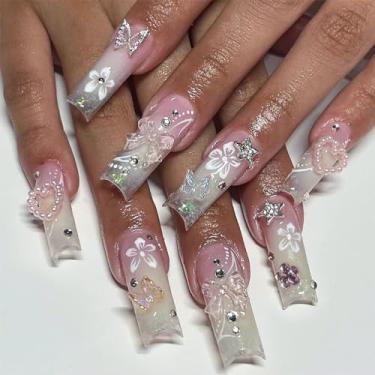 Imagem de RTKHFZE Pregos postiços quadrados longos com pingentes 3D de borboleta e strass unhas de acrílico rosa francês branco gradiente cobertura completa unhas postiças para mulheres, 24 peças