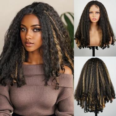 Imagem de MISS FANCY Peruca frontal de renda afro-encaracolada para mulheres negras 50 cm com destaques de cor loira natural sintética bouncy peruca reta com pontas encaracoladas, parte T, renda transparente