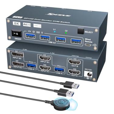 Imagem de HDMI Displayport KVM Switch 2 monitores 2 computadores 8K @60Hz 4K @144Hz, interruptor KVM de alumínio com 4 portas USB 3.0 para 2 PCs compartilham dois monitores, teclado, mouse, impressora, 2 cabos