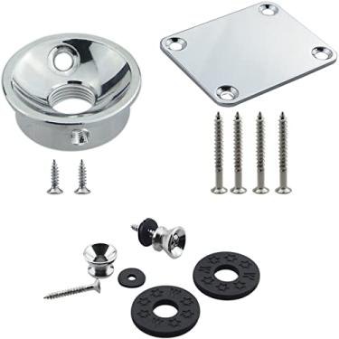 Imagem de Wwomusic Placa de tomada de guitarra elétrica de fio métrico prateado para guitarra estilo Fender Telecaster, placa de pescoço de guitarra de metal grosso com parafusos, 2 botões de alça de guitarra