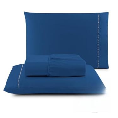 Imagem de Kit Lençol Casal Queen 3 Peças Micropercal 400 Fios – Extra Macio, Toque Acetinado, Elástico Total e Fronhas Ponto Palito(AZUL MARINHO,CASAL)