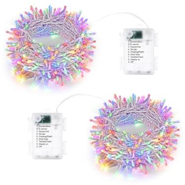 Imagem de Lomotech Luzes de Natal operadas por bateria – Pacote com 2, total de 10 metros, 100 LEDs, 8 modos à prova d'água com temporizador para casa, jardim, festa, férias, decoração de árvore (fio
