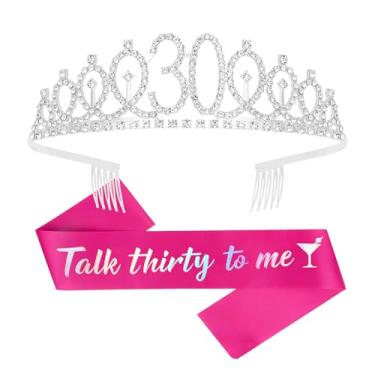 Imagem de Semato Kit de faixa e tiara de aniversário de 30 anos - Presentes de feliz aniversário de 30 anos para mulheres - rosa choque, médio