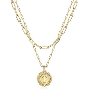 Imagem de Colar de ouro com inicial para mulheres, gargantilha em camadas, pingente de corrente, moeda A-Z, letra para meninas, 40 + 5 cm, gargantilha de 35 cm + 5 cm, capital de 66 cm