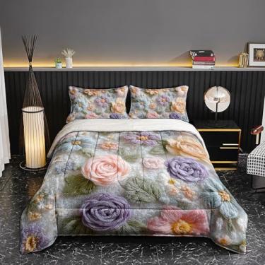 Imagem de lneffble Conjunto de edredom Queen com estampa floral, estampa floral, tamanho Queen, roxo claro e cinza, 1 edredom felpudo tamanho Queen com 2 fronhas