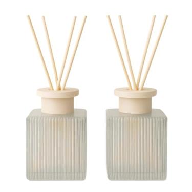 Imagem de Kit 2 Difusor Aromatizador de Vidro 200 ML Quadrado Canelado com Tampa Bege + Varetas(2 Frascos + 8 Varetas Bege)