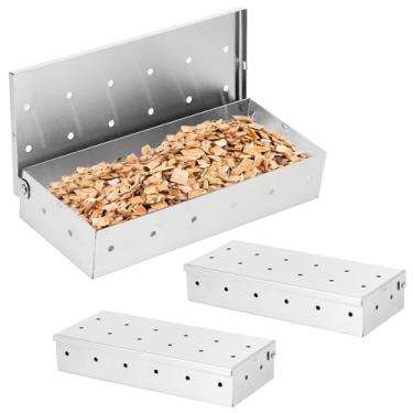 Imagem de LCZNXJJY Caixa de defumador de 3 peças para grelhar a gás, caixa de fumaça de lascas de madeira de aço inoxidável com tampa articulada, caixa de defumador de 22 x 9,6 x 4,3 cm melhora os sabores do