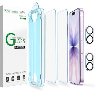 Imagem de amFilm Protetor de tela OneTouch para iPhone 17 de 6,3 polegadas 2025 + protetor de lente de câmera | Instalação de alinhamento automático | Sem bolhas | Vidro temperado de grau militar 9H + |