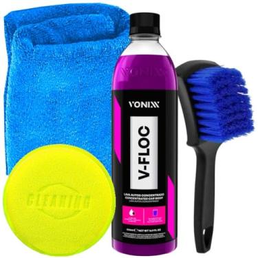Imagem de Kit Estética Automotiva V-Floc 500ml Vonixx Toalha Microfibra 30x30cm Karbox Escova Limpeza de Rodas Karbox