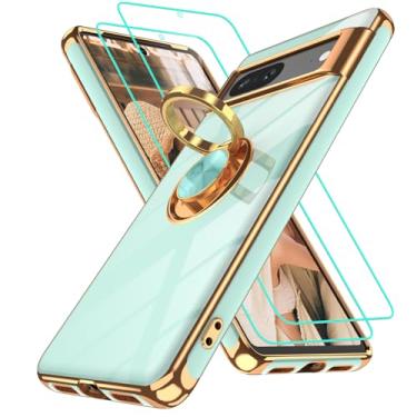 Imagem de Gritup Capa para Google Pixel 7 | 2 peças protetoras de tela | Suporte magnético de rotação de 360° | Revestimento dourado macio TPU protetor básico para celular Pixel 7 verde claro