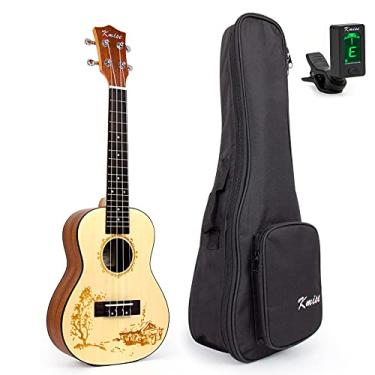 Imagem de Ukulele de concerto, Ukelele de abeto sólido Kmise Ukalalee de 58 cm com afinador de bolsa de entalhes a laser da vila para adultos iniciantes