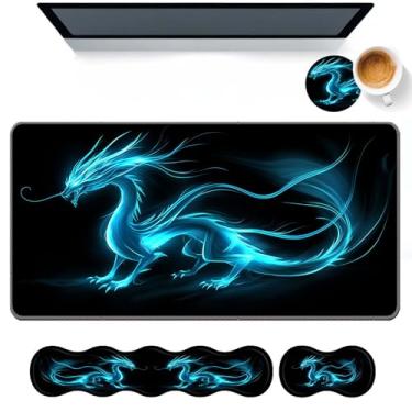 Imagem de DHEEBFWE Conjunto de mouse pad de teclado, grande mesa + descanso de pulso para teclado + suporte de pulso para mouse + porta-copos para alívio da dor fácil de digitar, antiderrapante, suporte de