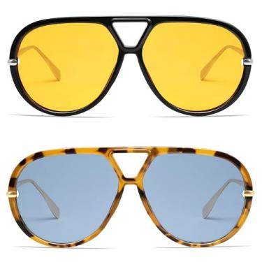 Imagem de VANLINKER Óculos de sol aviador polarizados grandes e modernos para mulheres e homens, óculos de sol redondos retrô vintage VL9798, Pacote com 2 - c2 + c6-preto/amarelo e tartaruga/azul, M
