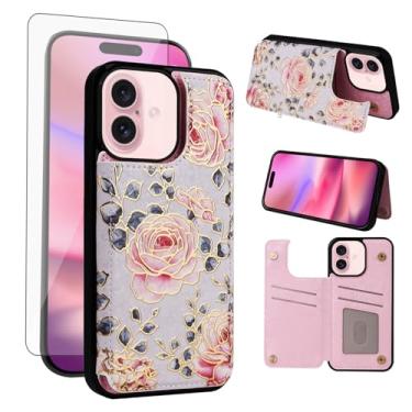 Imagem de Asuwish Capa de celular para iPhone 16 15.5 cm carteira com protetor de tela de vidro temperado flor de luxo porta-cartão de crédito suporte para cartão de crédito suporte i Phone16 i16 16 capa