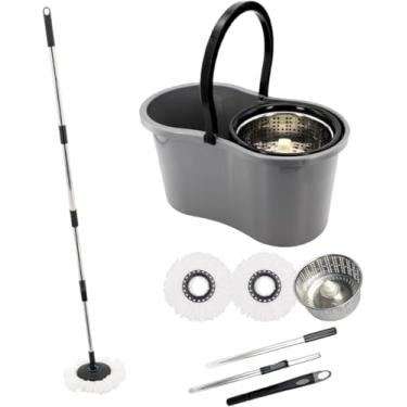 Imagem de Mop com Balde Giratório Cesto em Inox 9 Litros Esfregão para Limpeza Lava e Seca com 2 Refis de Microfibra Premium