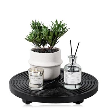 Imagem de Bandeja decorativa redonda para decoração de banheiro, suporte de madeira, organizador de bancada de cozinha para perfume, vela, planta, 28 cm, preto