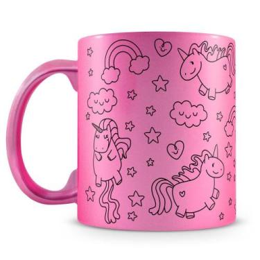 Imagem de Caneca Perolada Rosa com Estampa de Unicórnios - Porcelana de Alta Res