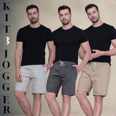Imagem de Kit 3 Bermudas Jogger Masculina Casual Sarja Com Cordão Ajustável Bols