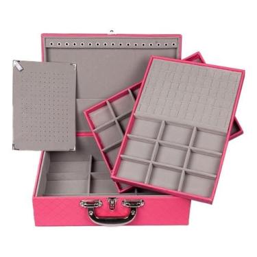 Imagem de Porta Joias Grande Tripla - Caixa Organizadora Viagem Com Bandeja(Pink c/Cinza)