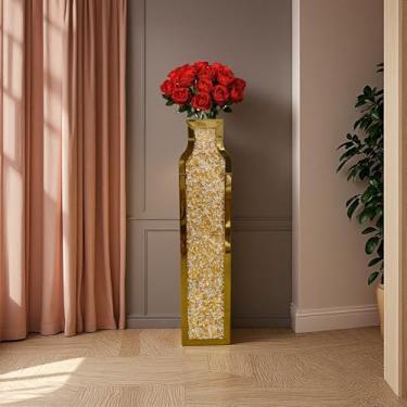 Imagem de Vasos de diamante triturado dupla face de 76 cm de altura, vaso dourado grande de prata espelhado para chão, vaso decorativo de cristal para casa, escritório, hotel (ouro, 17,3 cm C x 12 cm L x 76 cm