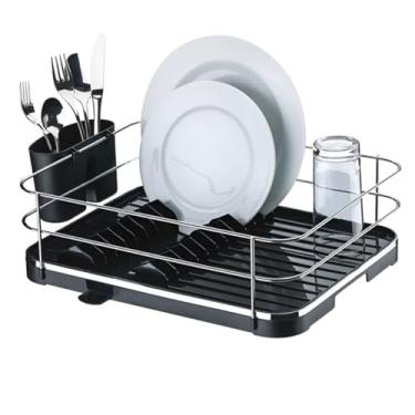 Imagem de Escorredor De Louças Talheres 12 Pratos Bandeja Escoamento Preto Aço Cromado