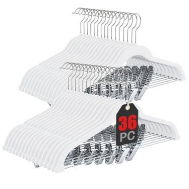 Imagem de Korpai Pacote com 36 cabides de veludo branco com clipes ajustáveis, cabides para adultos, resistente, feltro, antiderrapante, economiza espaço, para calças, saias, ternos, casacos, vestidos, etc.