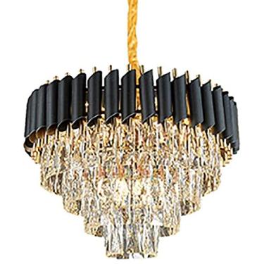 Imagem de Lustre de cristal grande moderno, luminárias de teto redondas semi-embutidas de metal preto, compatíveis com sala de jantar, sala de estar, quarto-75