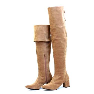 Imagem de Bota Over The Knee Feminina Couro Camurça Salto Grosso Lançamento - Li