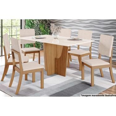 Imagem de Sala de Jantar Completa Vértice Tampo Madeirado c/ Vidro 160x80cm e 6 Cadeiras Milla Nature/Veludo Light Linho - Henn