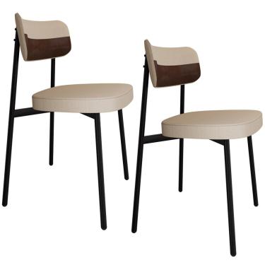 Imagem de Kit 02 Cadeiras Estofada Para Sala de Jantar Astrid Preto C01 Linho Areia Courino Whisky - Lyam Decor