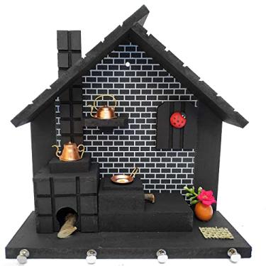 Imagem de Porta Chaves De Parede Artesanal Fornalha Preta Em MDF Miniaturas De Cobre Decoração Cozinha E Casa
