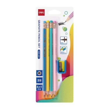 Imagem de Kit 4 Lápis grafite 2B sextavado coloridos com borracha + apontador De