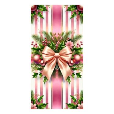 Imagem de BlissYard Capa de porta de Natal fita de laço floral rosa 71 x 35 polegadas para porta da frente Feliz Natal faixa de varanda feriado decoração de entrada sazonal decoração de portas de pátio placa de