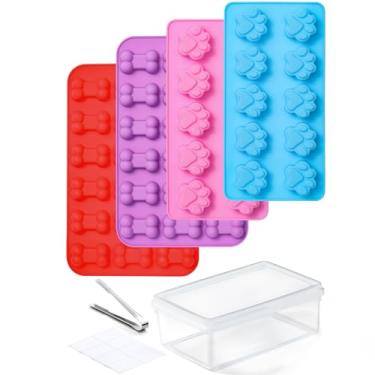 Imagem de Pacote com 4 moldes de silicone para petiscos para cães com recipiente e pinça de gelo, conjunto antiaderente em forma de osso e pata de cachorro, molde de silicone para filhotes, chocolate, gomas