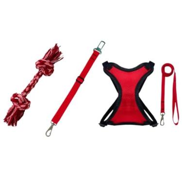 Imagem de Kit coleira peitoral colete cinto de segurança pet osso mordedor limpeza bucal cães e gatos(Vermelho,M)