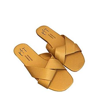 Imagem de Bigfanshu Sapatos femininos primavera e verão 2020 coreano seda cetim pontiagudo gravata borboleta chinelos Baotou salto sem salto semi, Amarelo, 6.5