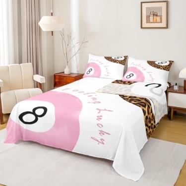 Imagem de Jogo de cama solteiro de leopardo, arte moderna de guepardo estético, decoração de quarto infantil com 8 bolas da sorte, lençol rosa branco marrom (com elástico + 1 fronha)