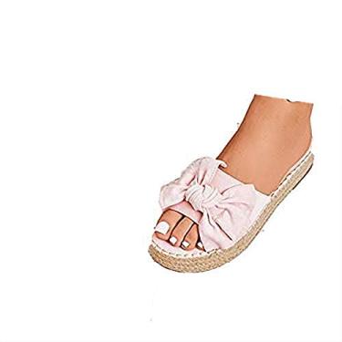 Imagem de Bigfanshu Pantufas femininas com laço, para praia, com plataforma de festa, peep toe, Rosa brilhante, 37 BR G