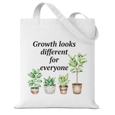 Imagem de Inspirational Growth Looks Different for Everyone Plant Canvas Tote Bag for Women Coworker Friends Incentivo Animar Presentes Saúde Mental Reutilizável Mercearia Bolsa de Ombro
