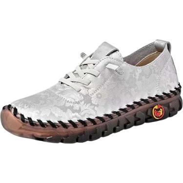 Imagem de Tênis feminino de couro macio sem cadarço, mocassim moderno, feito à mão, bordado floral, tênis de caminhada, Cinza, 6.5