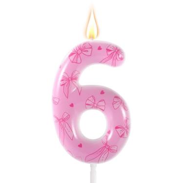 Imagem de Vela de aniversário com laço rosa, número com tema de laço elegante, enfeite de bolo de aniversário para mulheres, meninas, festas de casamento, chá de bebê, decorações de aniversário (número 6)