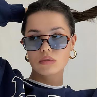 Imagem de Óculos de sol aviador retrô para mulheres e homens, óculos de sol retangulares modernos UV400, Lente azul + armação de tartaruga