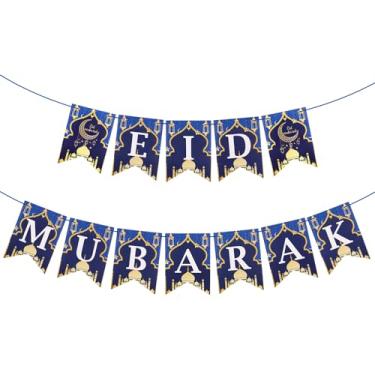 Imagem de Faixa Eid Mubarak, decoração azul do Ramadã para casa, 12 cartões, 2 fitas e 1 agulha, cartolina premium, fácil de montar, ampla aplicação