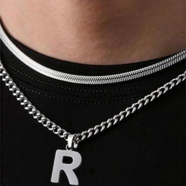 Imagem de Coleção de 26 colares com pingente de alfabeto em camadas, design de corrente dupla (cobra e elos cubanos), joias urbanas hip hop para uso diário e casual, One Size, Aço inoxidável, Sem Pedra Preciosa